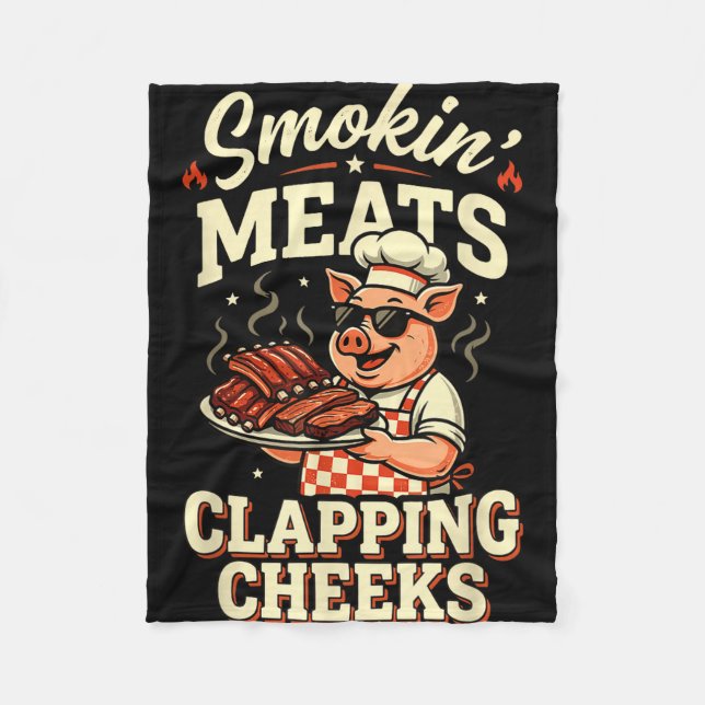 Bbq röker kött och klappar kinderna rolig gris män fleecefilt (Framsidan)