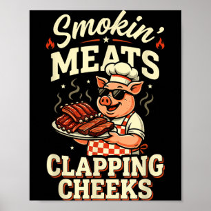 Bbq röker kött och klappar kinderna rolig gris män poster