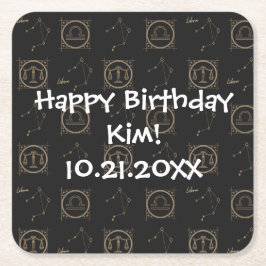 Bday Black & Guld Zodiac Libra Astrology, Stjärnte Underlägg Papper Kvadrat