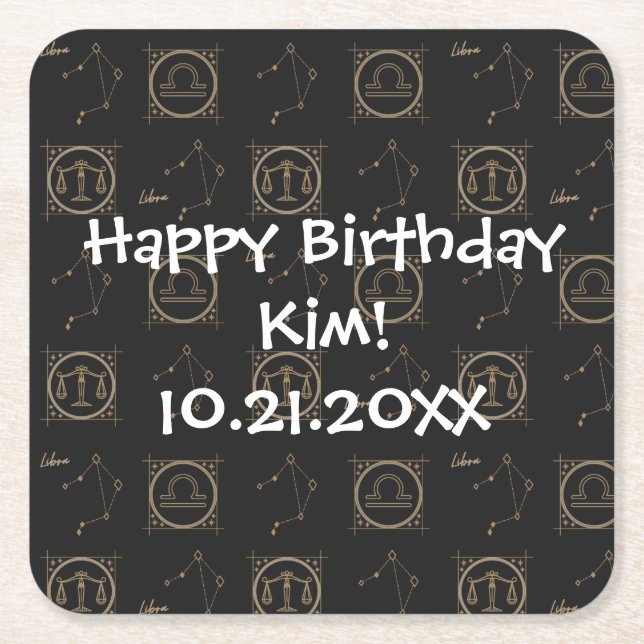 Bday Black & Guld Zodiac Libra Astrology, Stjärnte Underlägg Papper Kvadrat (Framsidan)