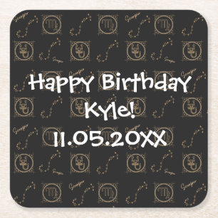 Bday Black Guld Zodiac Scorpio Astrology Stjärntec Underlägg Papper Kvadrat