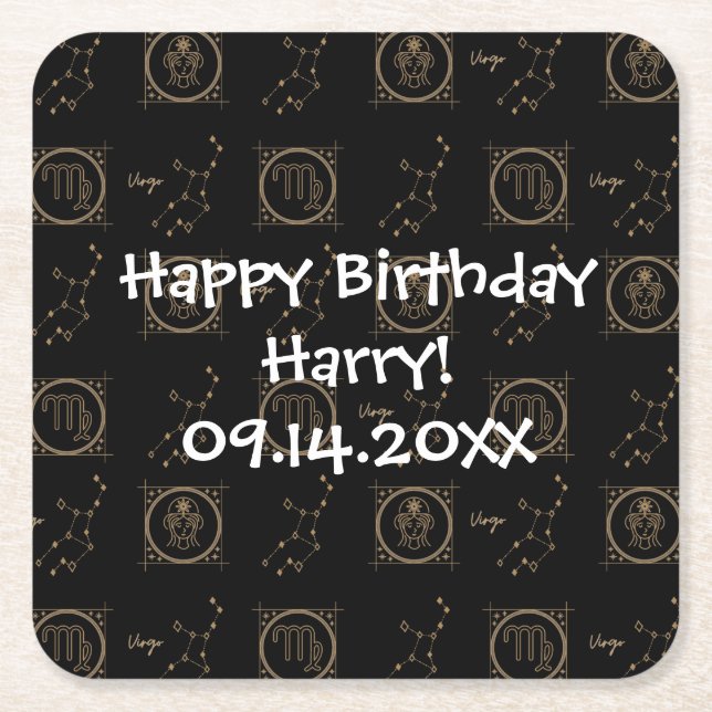 Bday Black & Guld Zodiac Våg Astrology Stjärntecke Underlägg Papper Kvadrat (Framsidan)