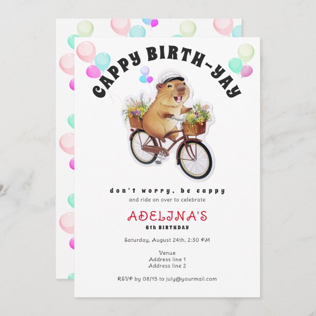Be Cappy Capybara Bicycle Kids Cute Birthday Party Inbjudningar (Fram/baksida)