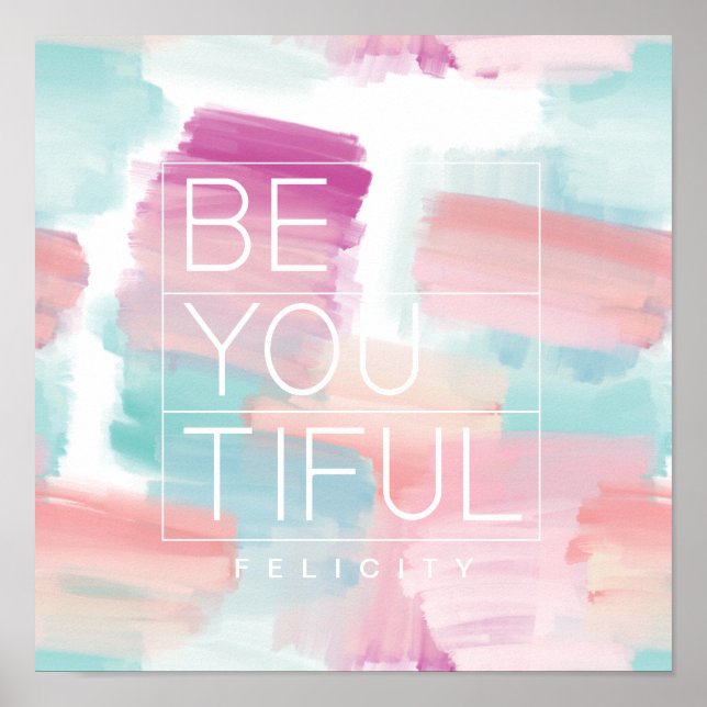 BE-DU-TIFUL-Rosa och blå vattenfärgspenseldrag Poster (Framsidan)