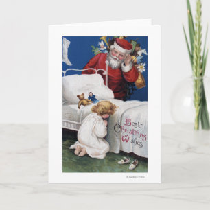 Be för Santa hållande ögonen på flicka Helgkort