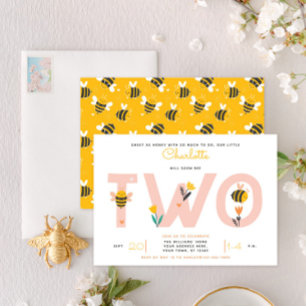 Be Gult & Rosa Blommigt TWO Baby 2nd Birthday Inbjudningar