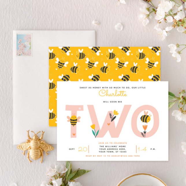 Be Gult & Rosa Blommigt TWO Baby 2nd Birthday Inbjudningar (Skapare uppladdad)