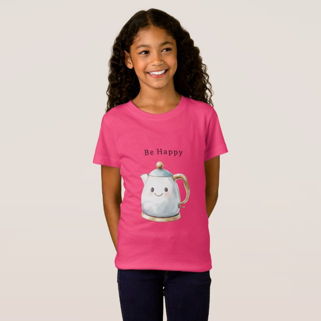 Be Happy Cute Teapot T Shirt (Hel framsida)