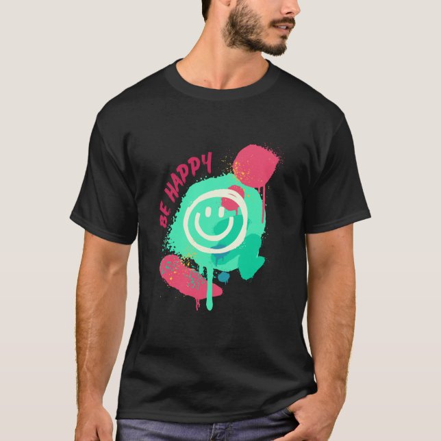 Be Happy Smiley Mint & Pink Graffiti Street Art T Shirt (Framsida)