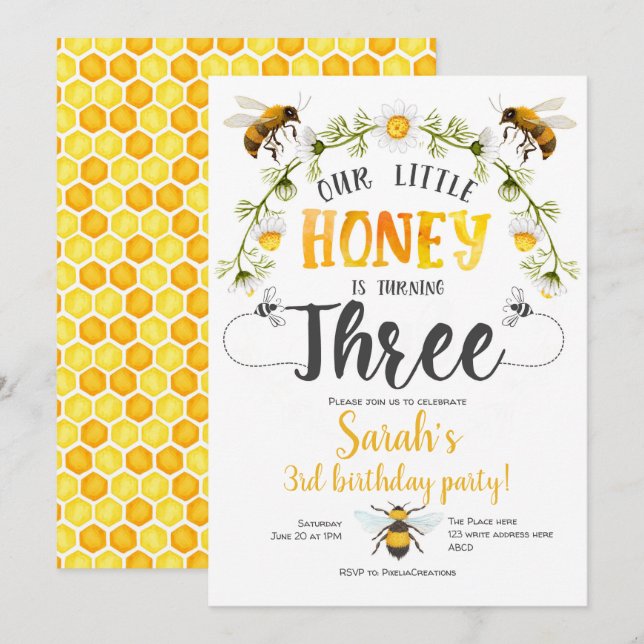 Be, Humla, Little Bee, Girl, 3-årsdag Inbjudningar (Fram/baksida)