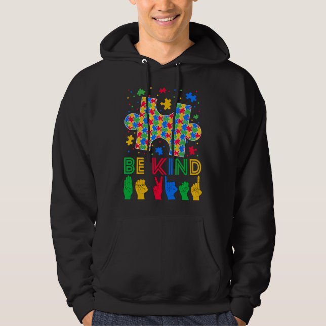 Be Kind Hand Sign Language ASL Puzzle Autism Aware Hoodie (Framsida)
