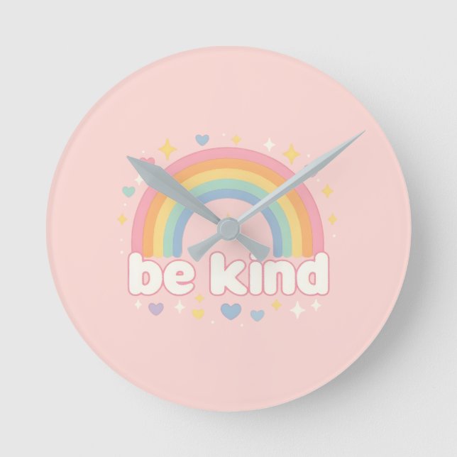 Be Kind – Rainbow Pastel Positivity Rund Klocka (Framsida)