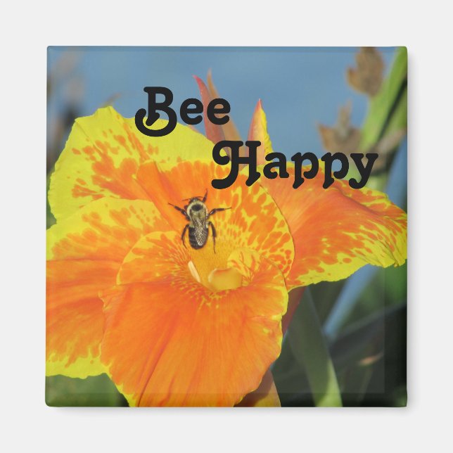 Be Lycklig Bee Pun Bright Orange Flower Photo Blom Magnet (Framsidan)