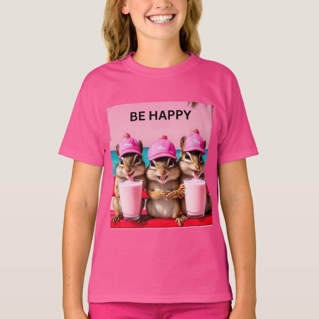 Be lycklig chipmunks rosa jordgubbsmjölkshakes t shirt (Framsida)