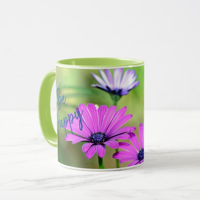 Be Lycklig mit Blumen und Namen Mugg (Framsida vänster)