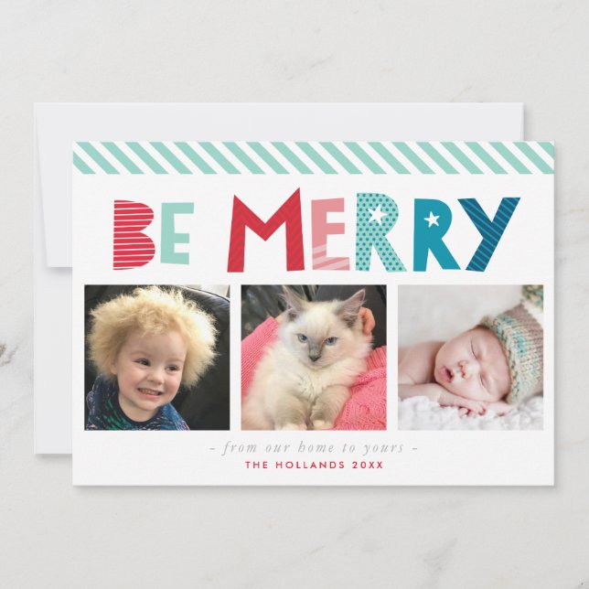 BE MERRY 3 PHOTO modern julmas roligt typografi Julkort (Framsida)