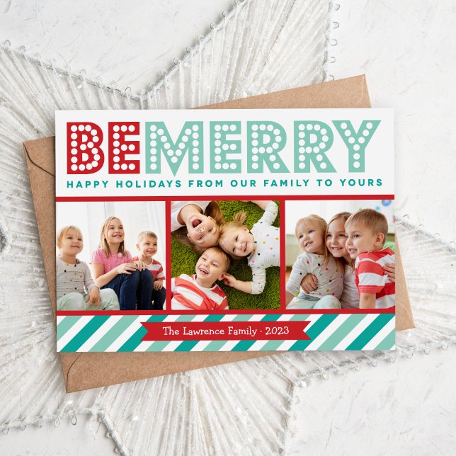 Be Merry Family Photo Collage Helgdag Card Julkort (Skapare uppladdad)