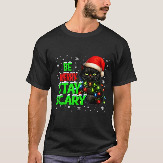 Be Merry Stay Y Black Cat Funny Halloween Christma T Shirt (Framsida)