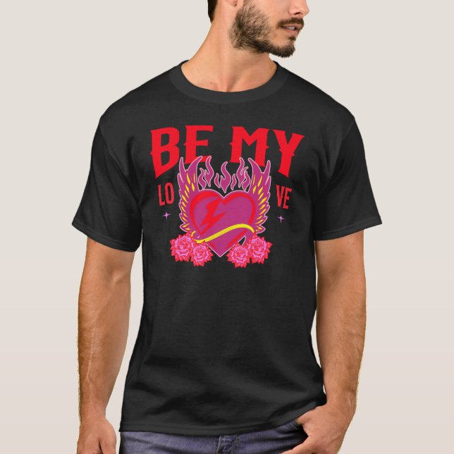 Be My Love Retro Cool Heart Rose Biker Valentine T Shirt (Framsida)