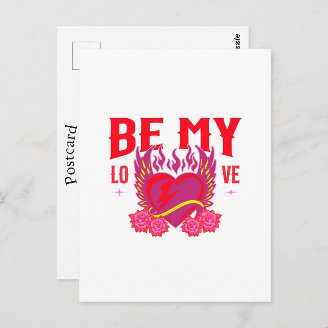 Be My Love Retro Heart Rose Biker Valentine   Vykort (Fram/baksida)