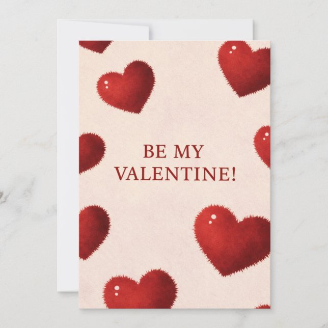 Be My Valentine Card with Fuzzy Red Hearts Romanti Inbjudningar (Framsida)
