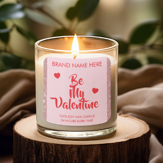 Be My Valentine Custom Pink Candle Labels Fyrkantigt Klistermärke