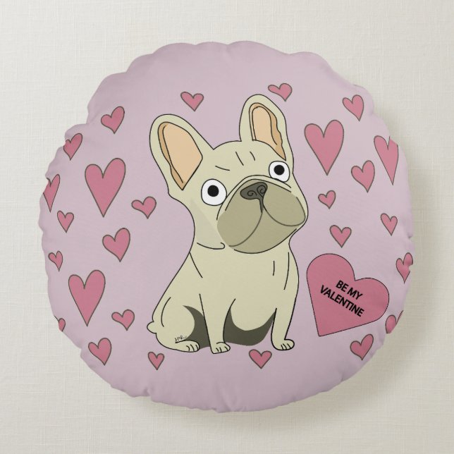 Be my Valentine, French Bulldog Rund Kudde (Framsidan)