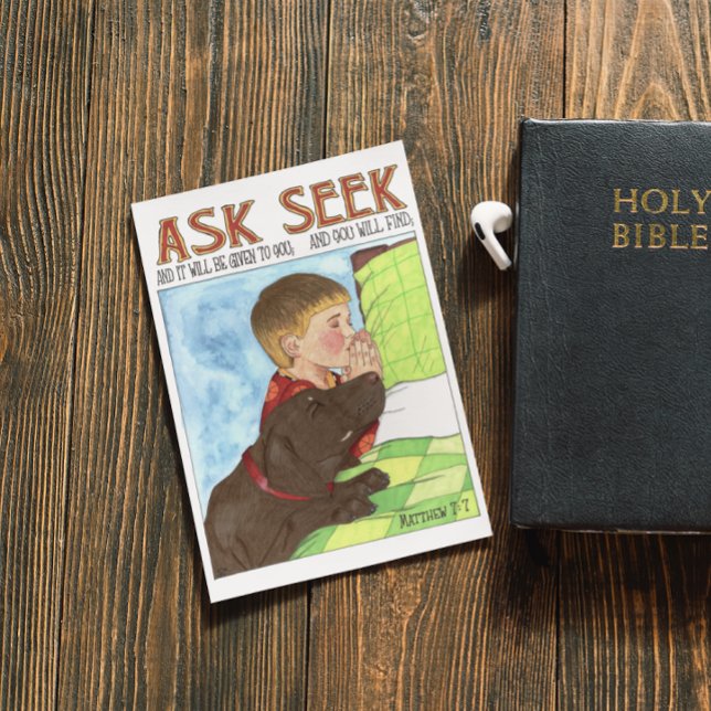 Be om att söka Pojke och hund som ber Inspirerande Vykort (Skapare uppladdad)