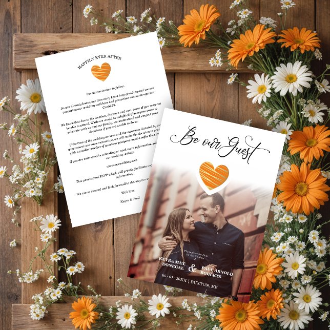 Be our Guest Quote Orange Heart Photo Wedding Spara Datumet (Be our Guest Quote Orange Heart Photo Wedding Save the Date with Envelope.)