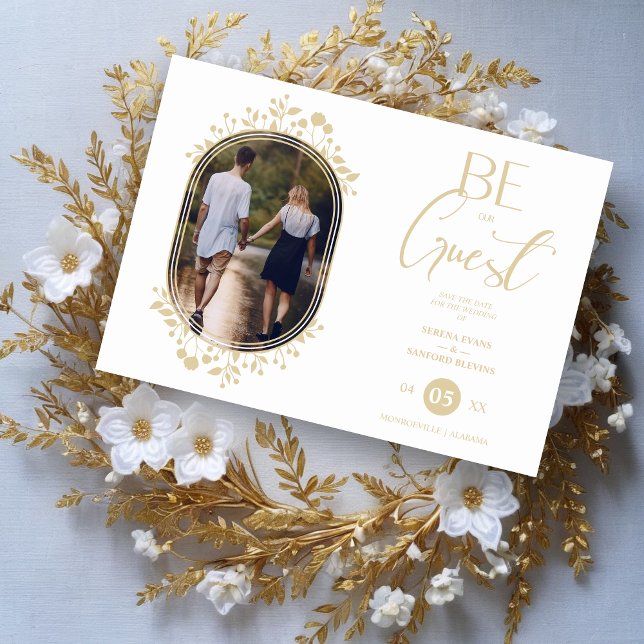 Be our Guest White Wedding Chic Floral Frame Photo Spara Datumet (Be our Guest White Wedding Fancy Frame Flowers Photo Save the Date with Envelope.)