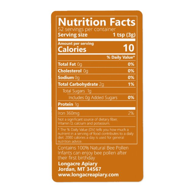 Be Pollen Nutrition Facts Amber Label Fraktsedel (Framsidan)