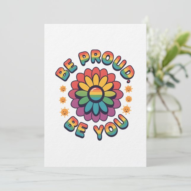 Be Proud Be You – Retro Rainbow Flower Pride Quote Inbjudningar (Stående Fram)