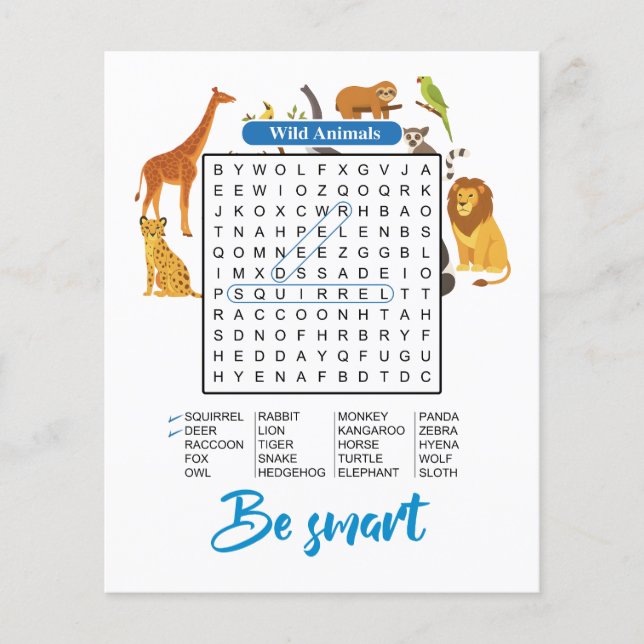 Be Smart – Wild Animals Word Search Flygblad (Framsidan)