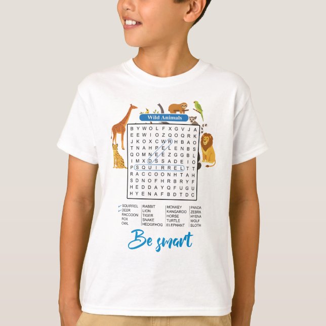 Be Smart – Wild Animals Word Search Game T-Shirt f (Framsida)