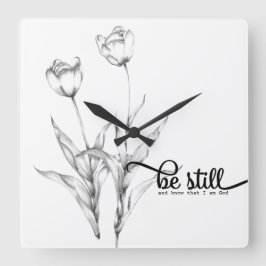 Be Still Black and White Pencil Sketch Tulips Squa Fyrkantig Klocka