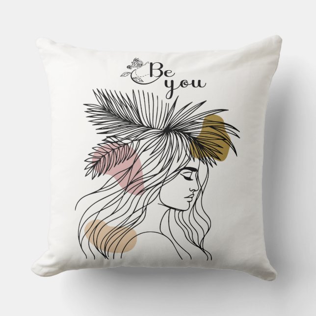 Be You Woman Face Line Art Boho Flower Kudde (Framsida)
