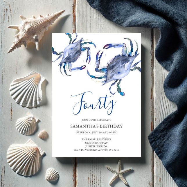 Beach 40:e födelsedagsinbjudan Crab Boil Inbjudningar (40th birthday invitations watercolor blue crab art by Victoria Grigaliunas of Do Tell A Belle)