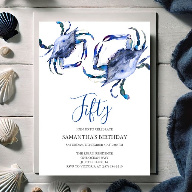 Beach 50:e födelsedagsinbjudan Crab Boil Inbjudningar (50th Birthday invitations blue watercolor crab art by Victoria Grigaliunas of Do Tell A Belle)