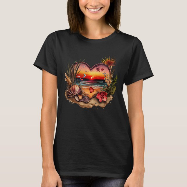 Beach Älskare Sunset Seashells Heart Shape Flowers T Shirt (Framsida)