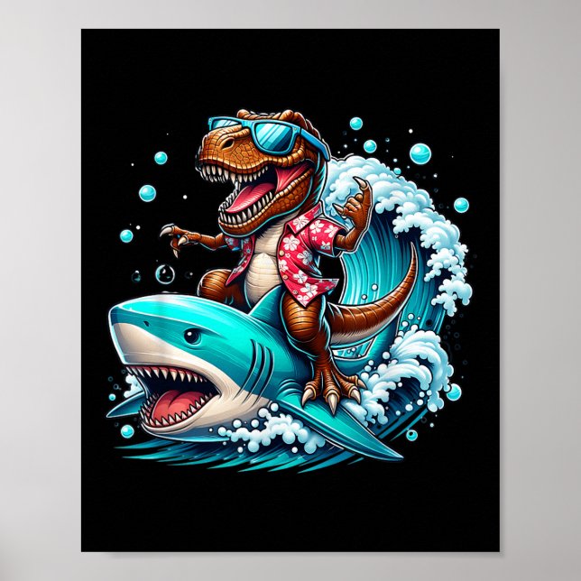 Beach Älskare T-rex Dinosaur Riding Shark Surfing  Poster (Framsidan)