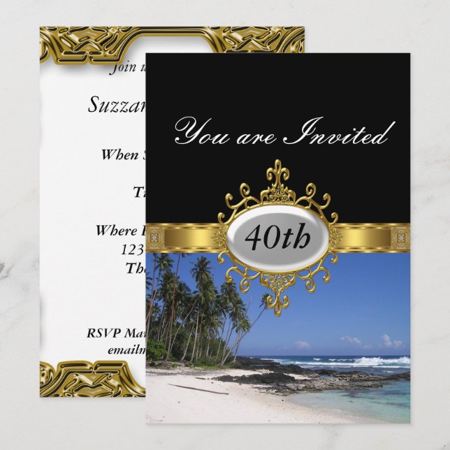 Beach and Black Födelsedagsfest Glamor-inbjudan Inbjudningar (Fram/baksida)
