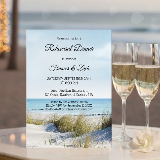 Beach and Dunes Rehearsal Middagsinbjudan Inbjudningar (Modern rehearsal dinner invitation with an image of dunes overlooking a beach)
