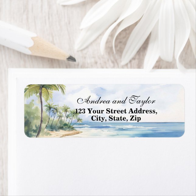 Beach and Palm Trees Return address label Returadress Etikett (Insitu)
