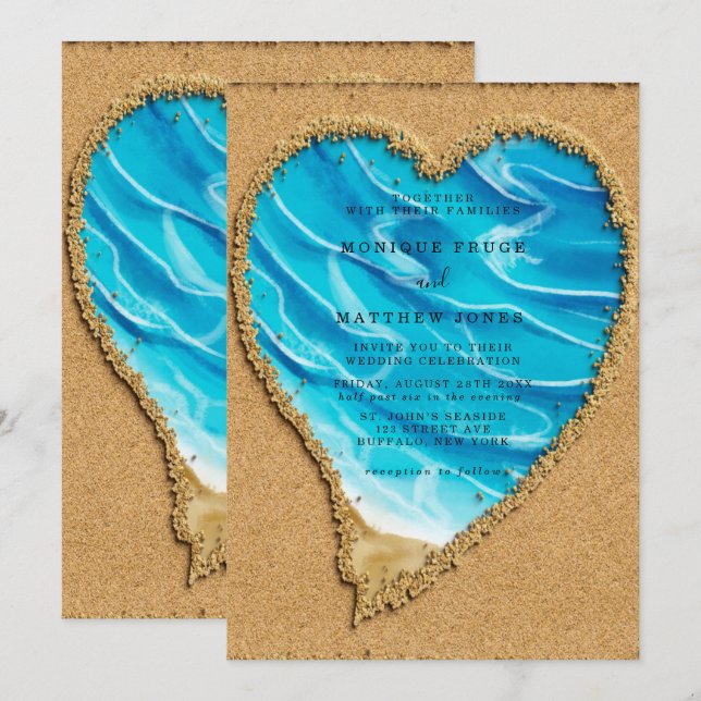 Beach and Sand Heart Destination Wedding Inbjudningar (Fram/baksida)