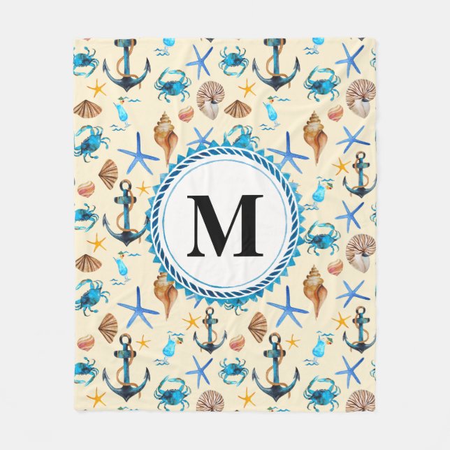 Beach and Sea Life Themme Mönster Monogram Fleecefilt (Framsidan)
