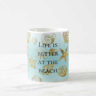 Beach Aqua Blue Ombre Guld Snäckor Kaffemugg