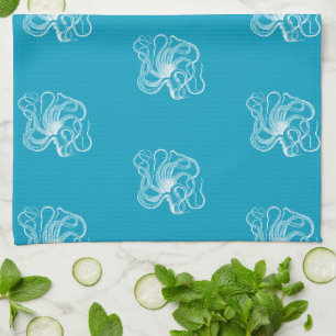 Beach Aqua Blue White Octopus Kökshandduk