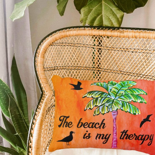 Beach är Orangen för min terapitropiska Handflatan Prydnadskudde (What's better than a day at the beach to calm your mind and let you relax? This pillow says it all!)