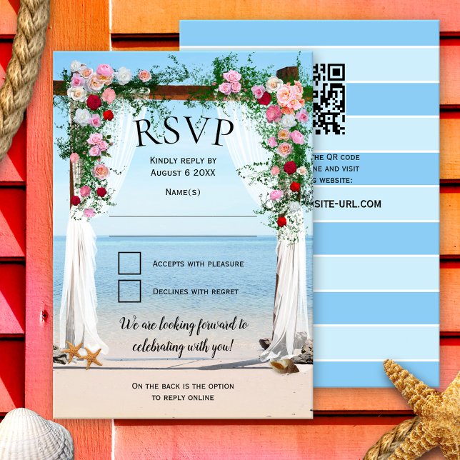 Beach Arbor med Ro Bröllop OSA Inbjudningar (Elegant beach or destination wedding RSVP invitation card with an arbor with roses on the beach)