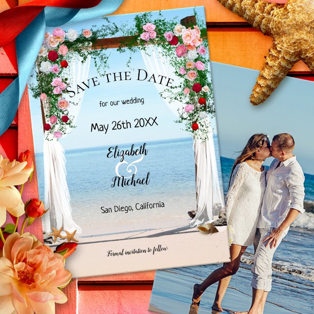Beach Arbor Photo Bröllop spara datum Card Spara Datumet (Save the Date card with a rose arbor at the beach and your custom photo)